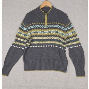 Nomadic Traders Unisex Sweater Size Large Grey Fair Isle 1/4 Zip Boxy Fit